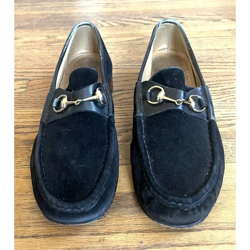 Vintage GUCCI Black Suede Horsebit Moccasin Loafers Italy Shoes  Mens Size 44